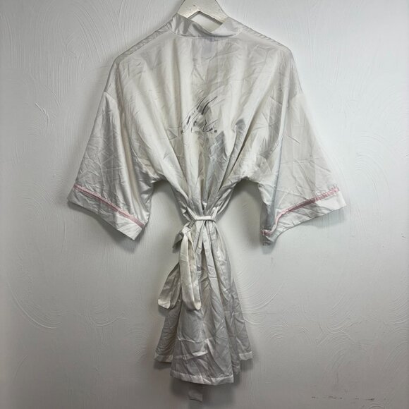 Bridal Satin Gown Mini Robe White & Pink Trim Tie Front "Mrs" On Back Wedding M - Picture 5 of 5